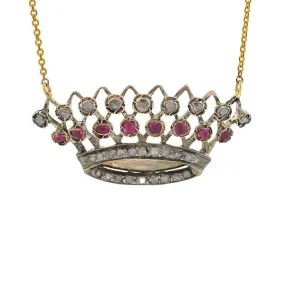 Victorian 14kt/Sterling Ruby & Rose Cut Diamond Crown Necklace