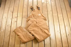 Vintage 1990s Carhartt Beige Double Knee Canvas Quilted Overalls Size 38 x 30.5 / Utility Overalls / Made In USA / Vintage Workwear