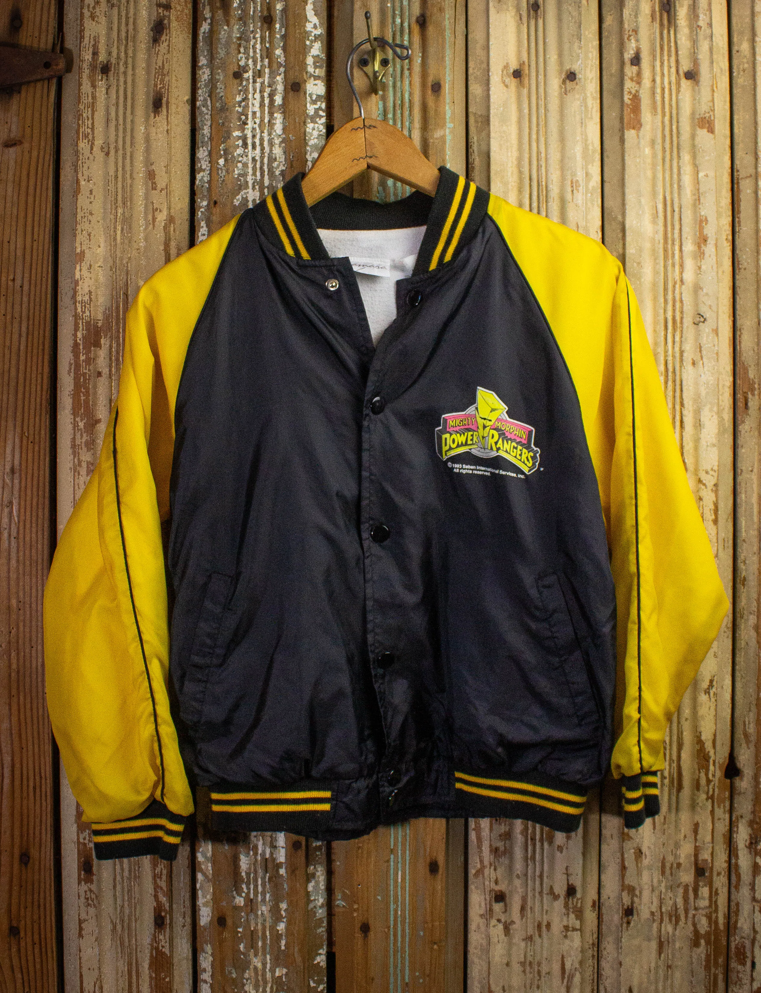 Vintage Kids Power Rangers Bomber Jacket 1993 Black and Yellow XS