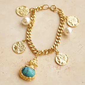 Vintage Statement Stone & Coin Charm Bracelet - Turquoise