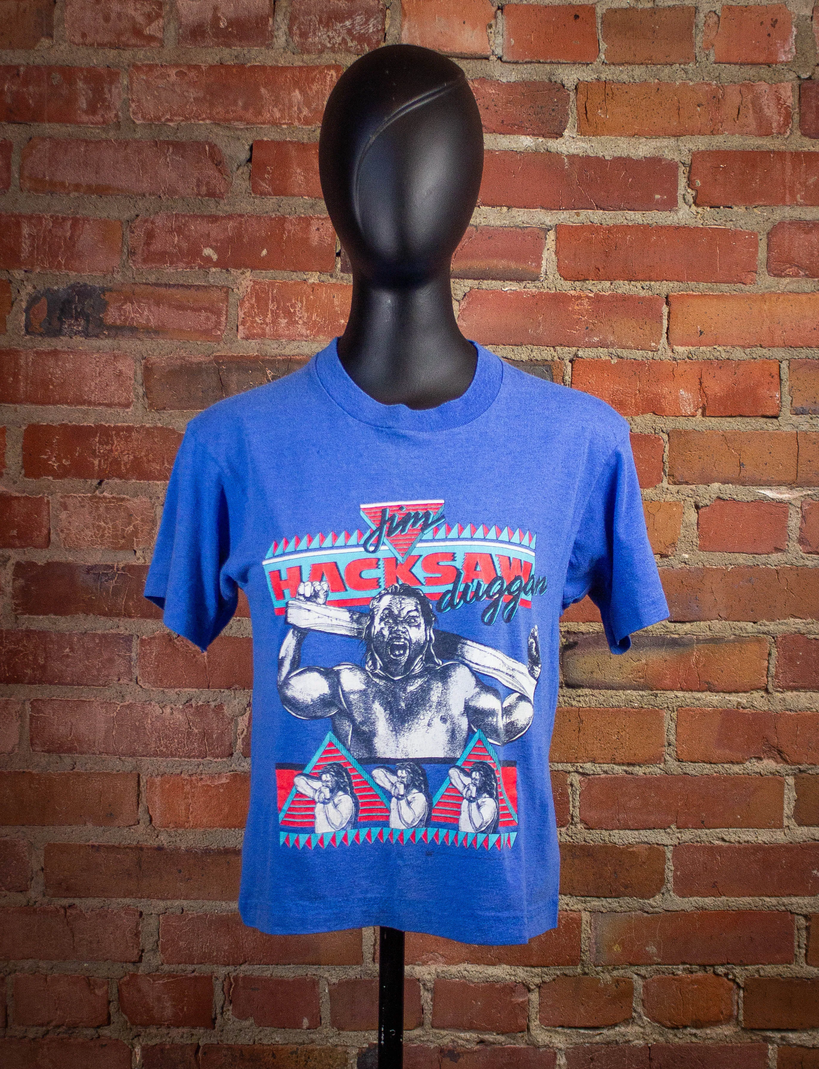 Vintage WWF Hacksaw Jim Duggan Graphic Cropped T Shirt 80s Blue XS