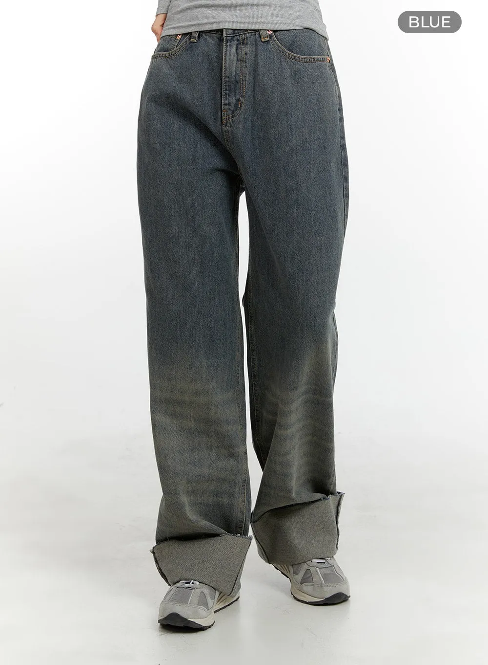 Washed Straight Leg Roll-Up Jeans CA401