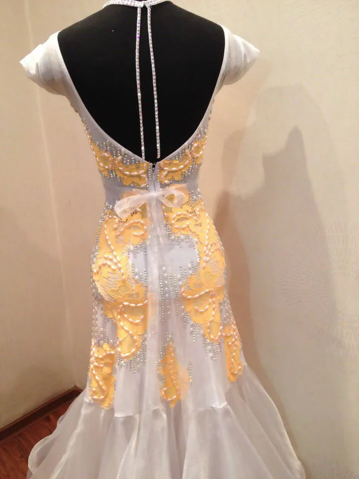 White & Yellow Standard Dress with Pearls