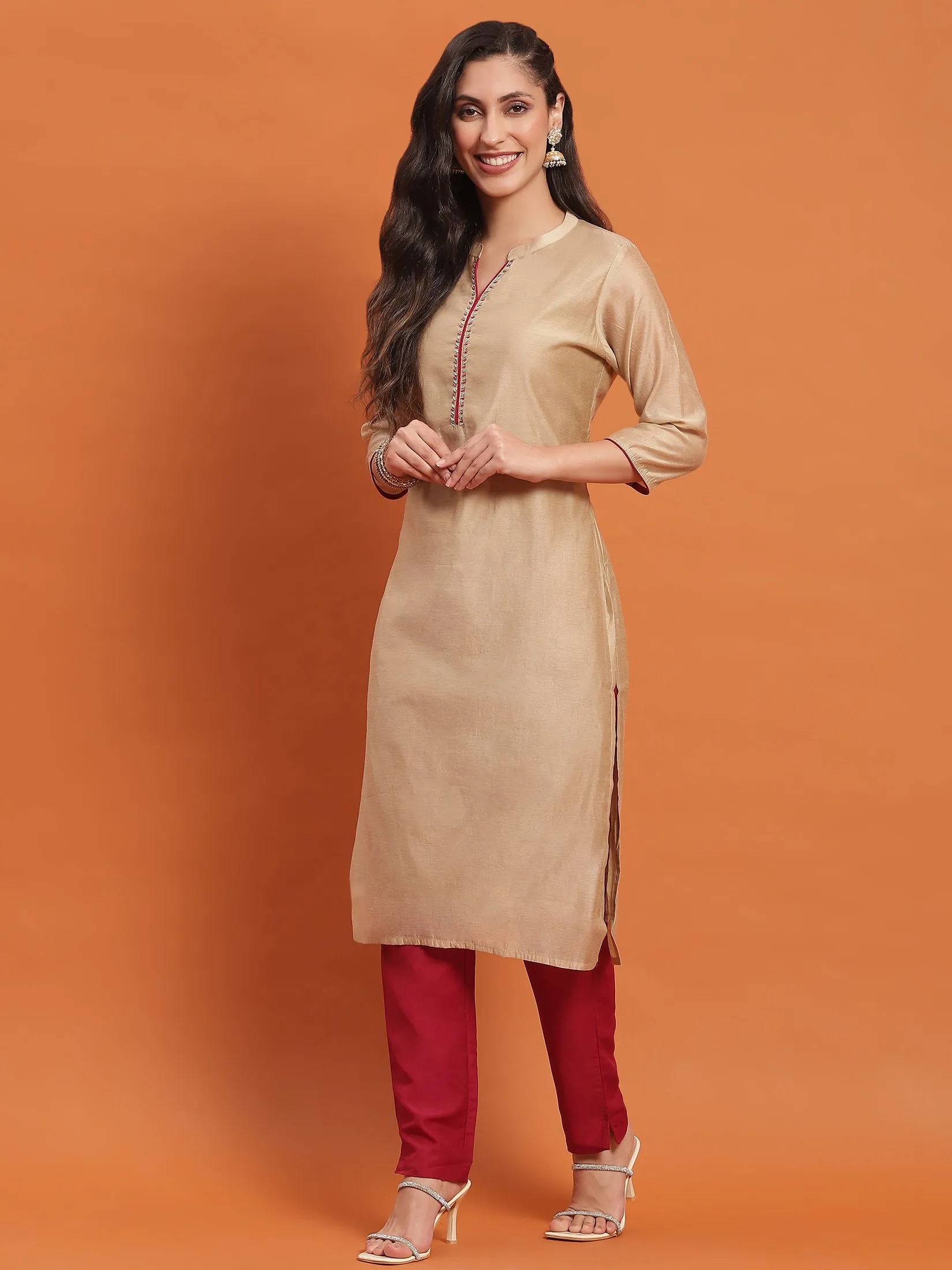 Women Beige Solid Kurta With Trouser