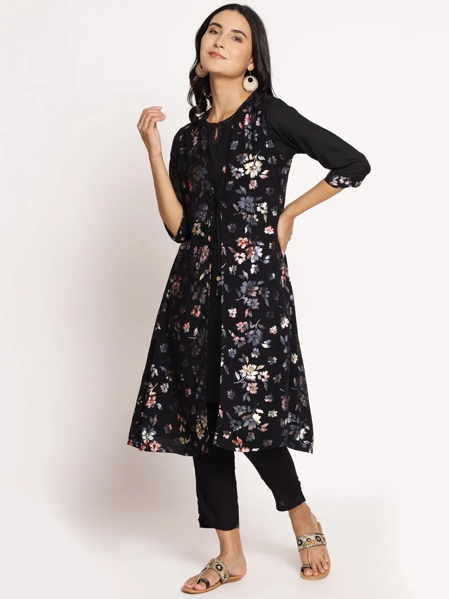 Women Black Floral Printed Kurta Jacket Trouser