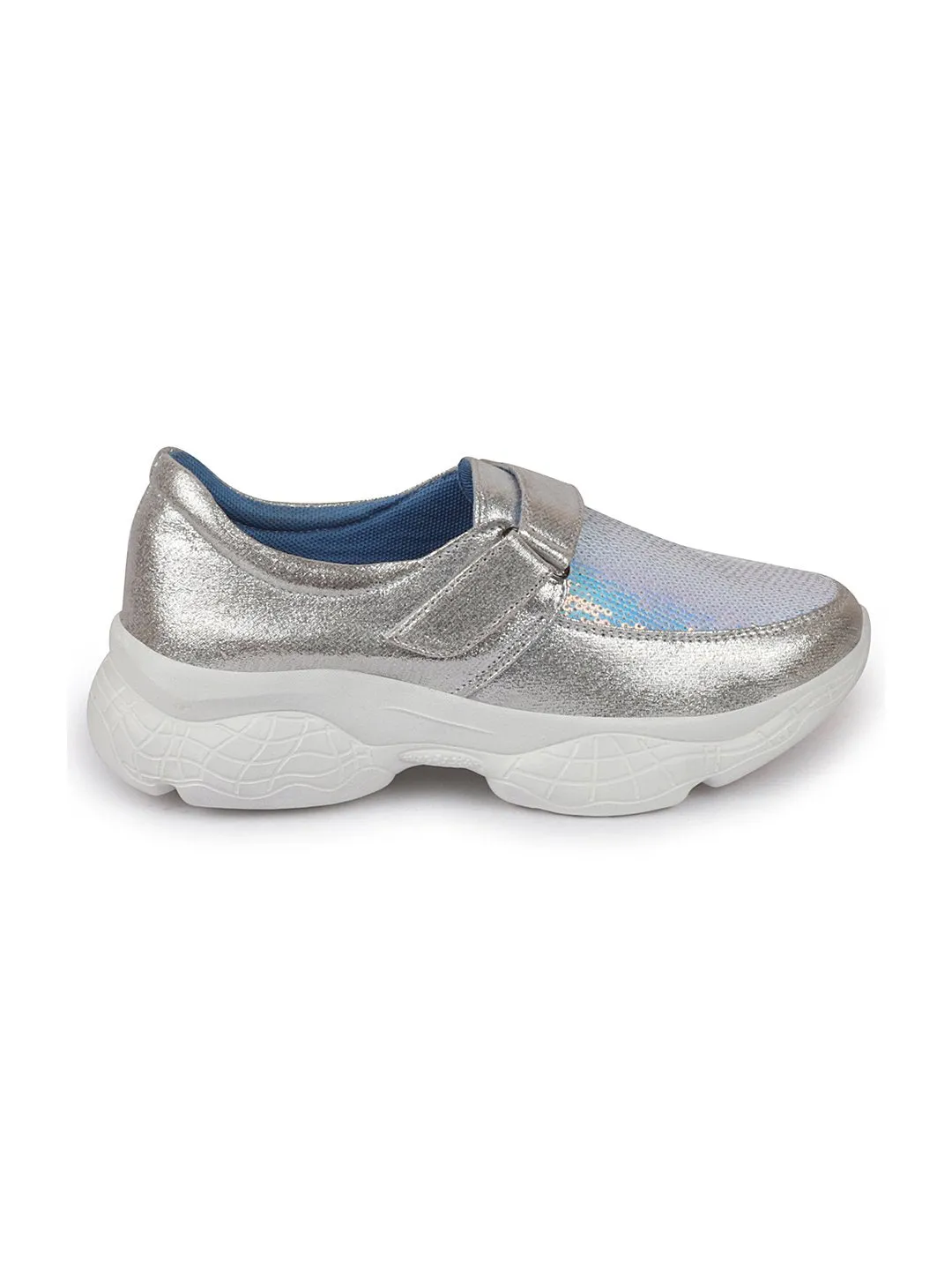 Women Silver Stylish Hook & Loop Sneakers