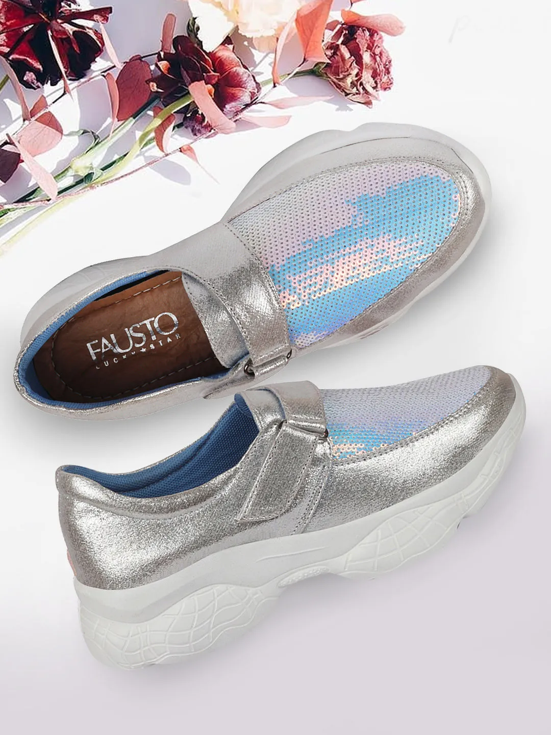 Women Silver Stylish Hook & Loop Sneakers