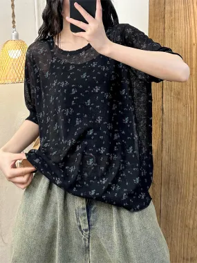 Women Summer Floral Knitted Thin Linen Shirt KL1006