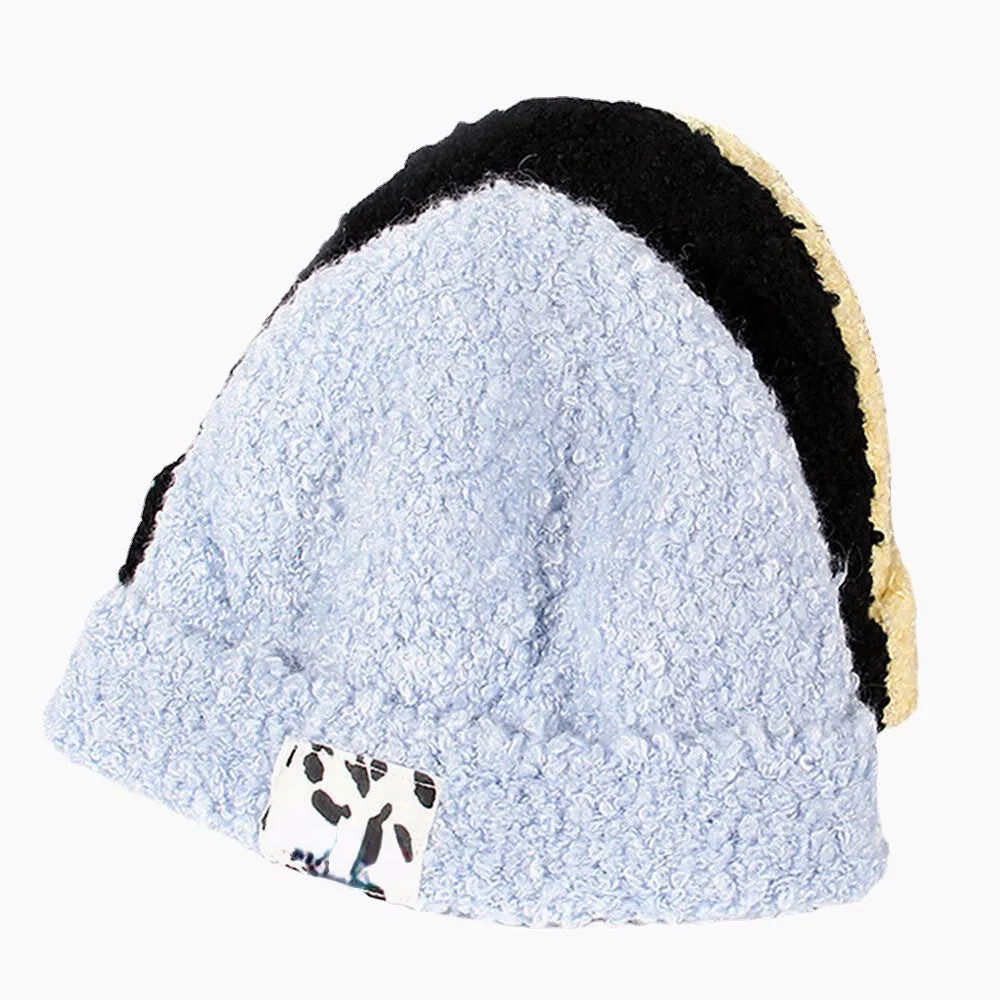 Women Teddy Velvet Solid Color Cow Pattern Letter Cloth Label Warmth Beanie Hat