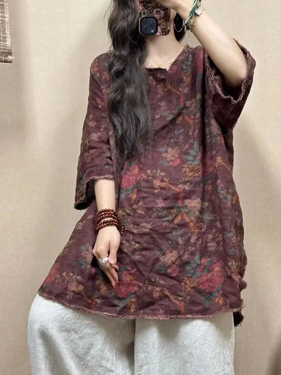 Women Vintage Flower Linen Summer Loose Shirt CO1018