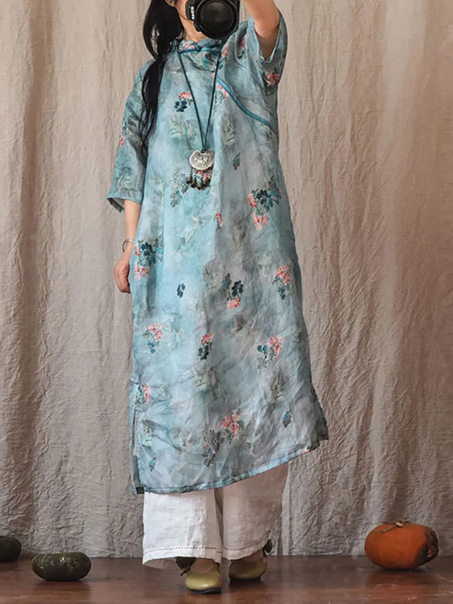 Women Vintage Summer Floral Ramie Robe Dress CO1022