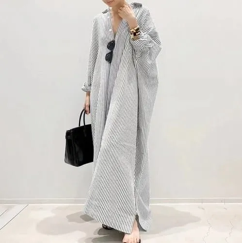 Women's Cotton Maxi Long Sleeve Button Down Loose Striped Kaftan Dress 39688