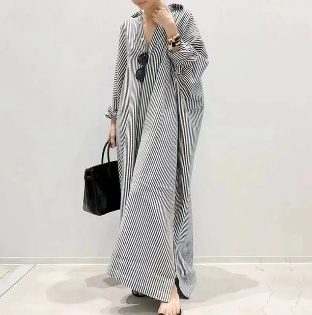 Women's Cotton Maxi Long Sleeve Button Down Loose Striped Kaftan Dress 39688