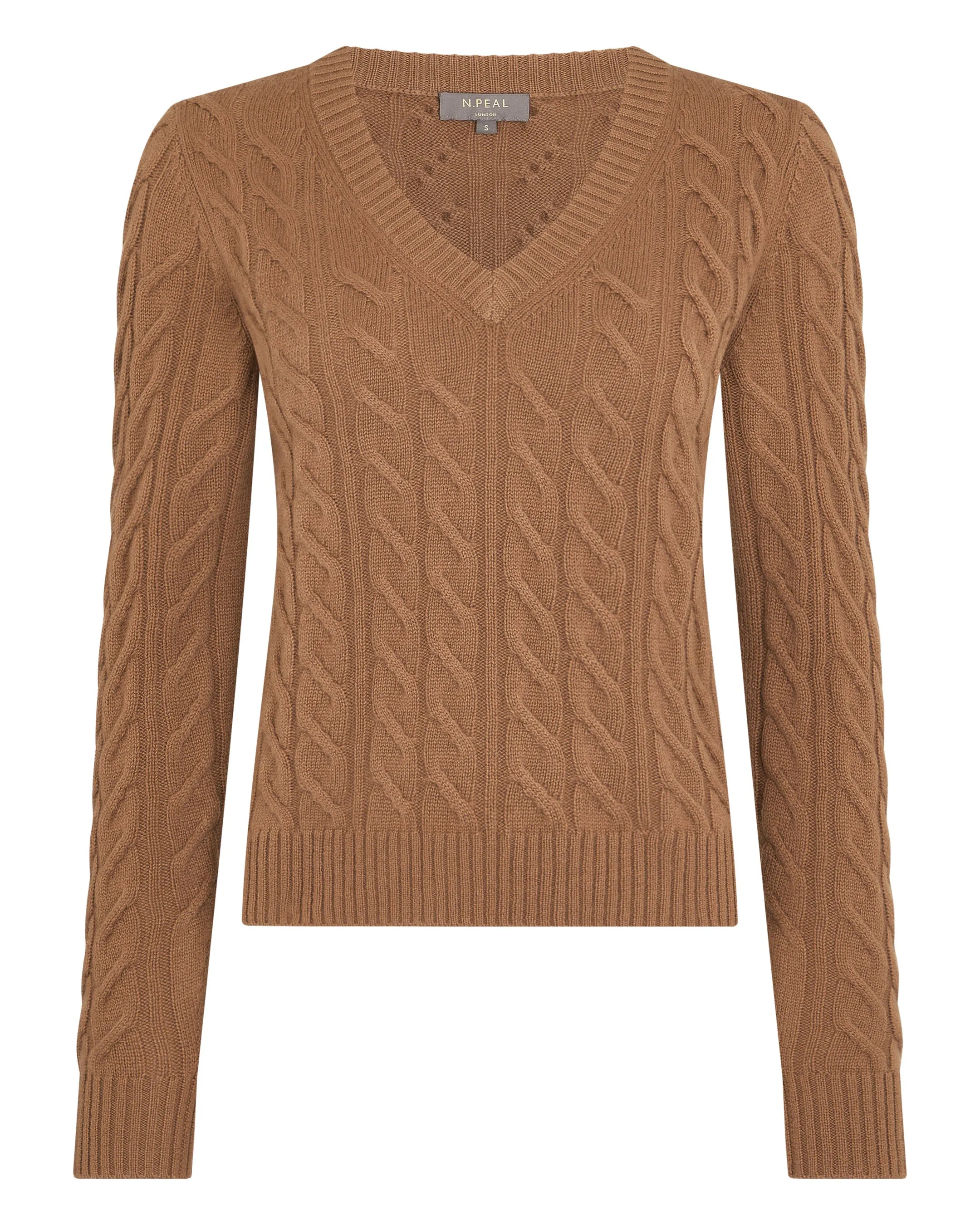 Women's Frankie Cable V Neck Cashmere Jumper Dark Camel Brown