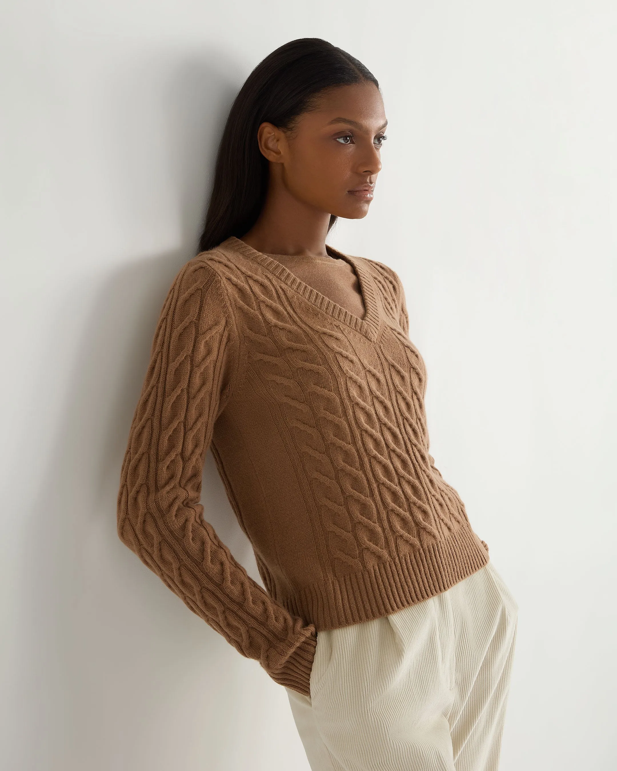 Women's Frankie Cable V Neck Cashmere Jumper Dark Camel Brown