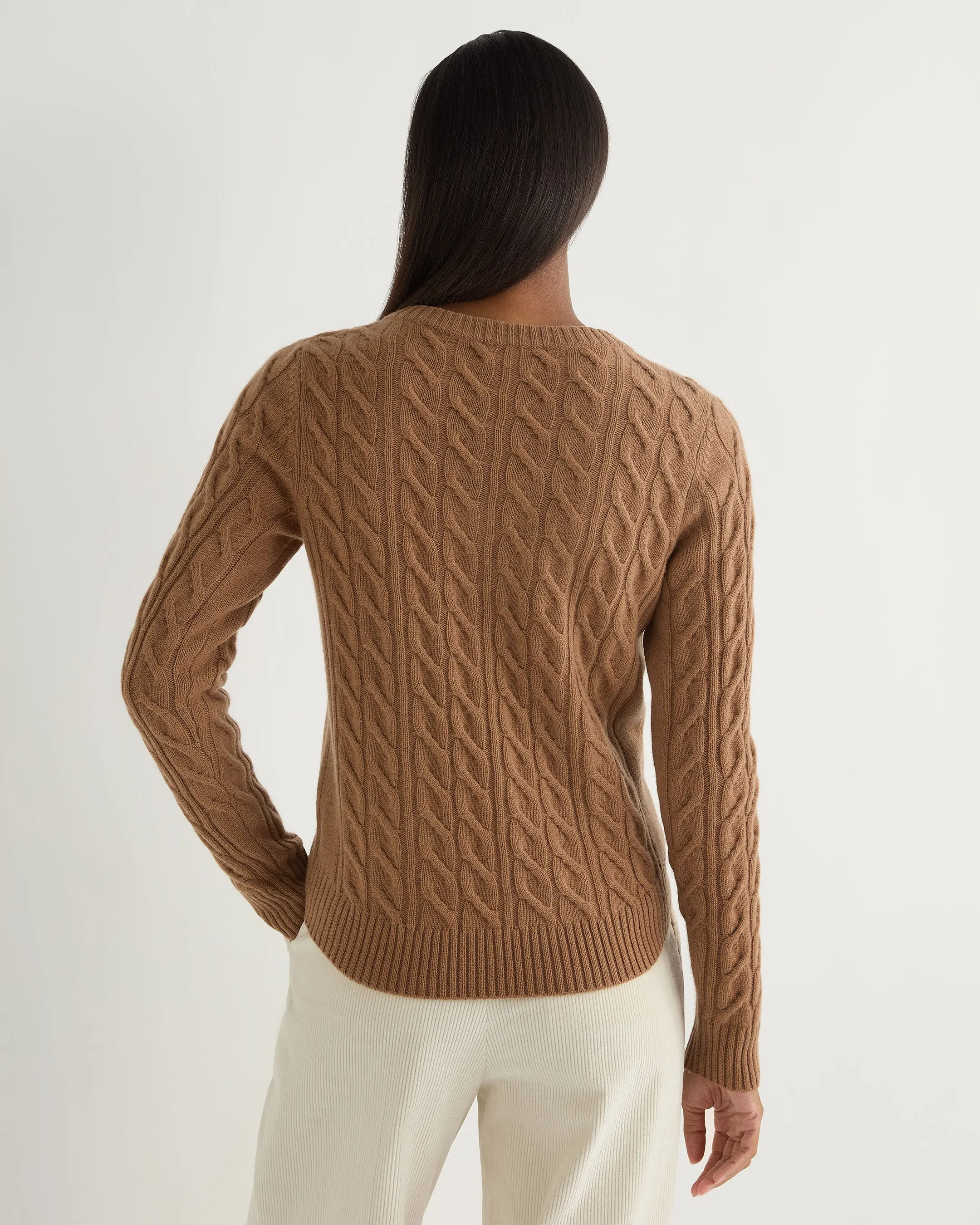 Women's Frankie Cable V Neck Cashmere Jumper Dark Camel Brown