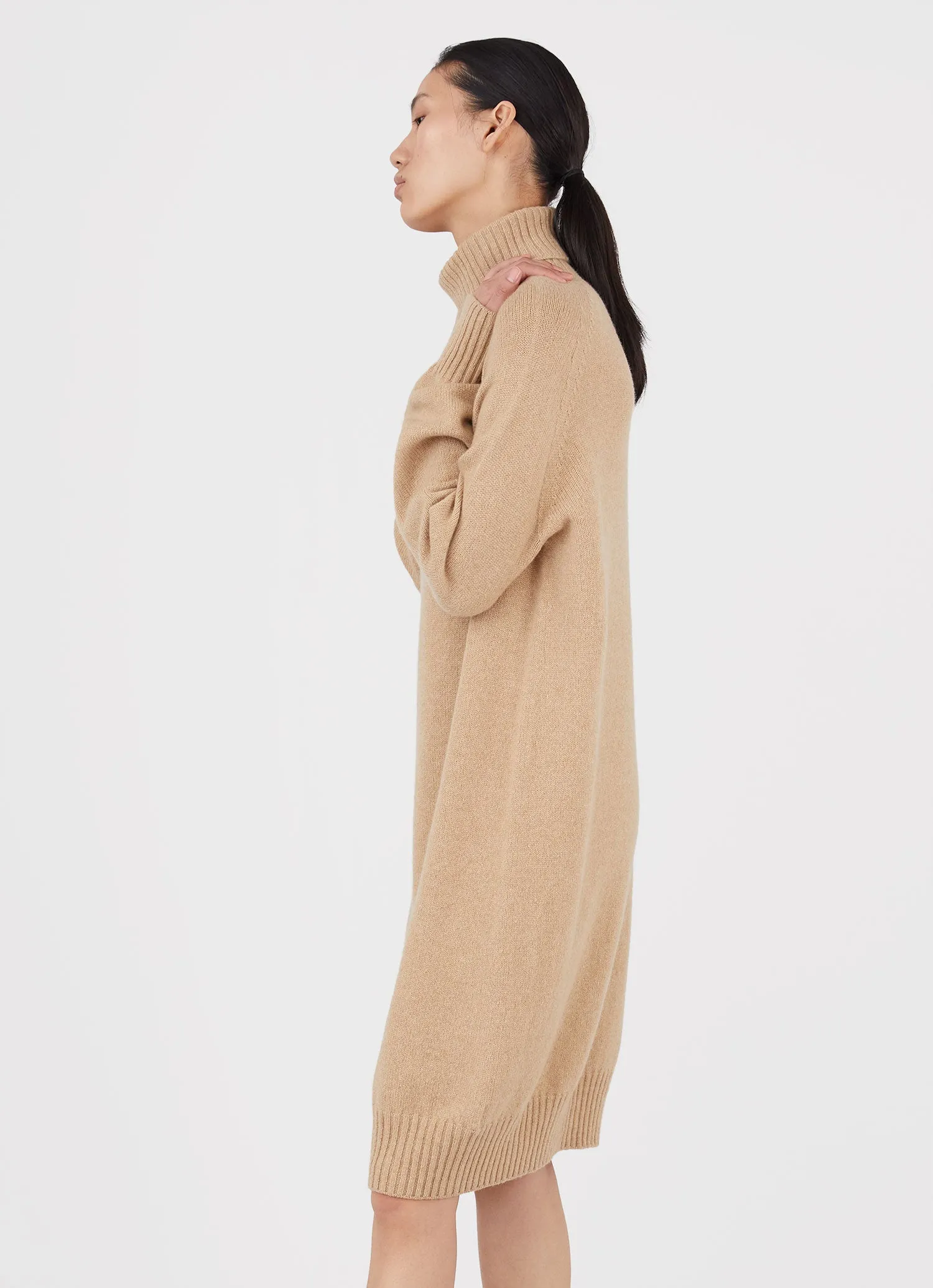 Women's Lambswool Roll Neck Dress in Light Camel