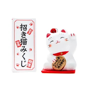 Yakushigama Ceramic Beckoning Cat with Omikuji Fortune Slip (Left Paw Raised)